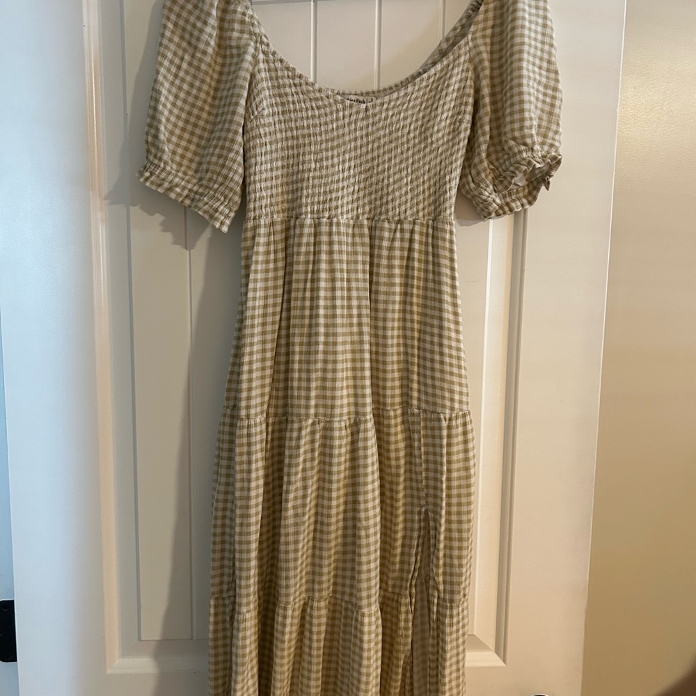 Abercrombie Short Sleeve Smocked Midi Dress Green  Checkered Gingham